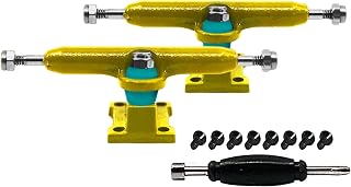 Teak Tuning Prodigy Fingerboard Trucks with Upgraded Lock Nuts, Yellow Colorway - 32mm Wide - Professional Shape, Appearance & Components - Includes Pro Duro 61A Bubble Bushings in Teak Teal