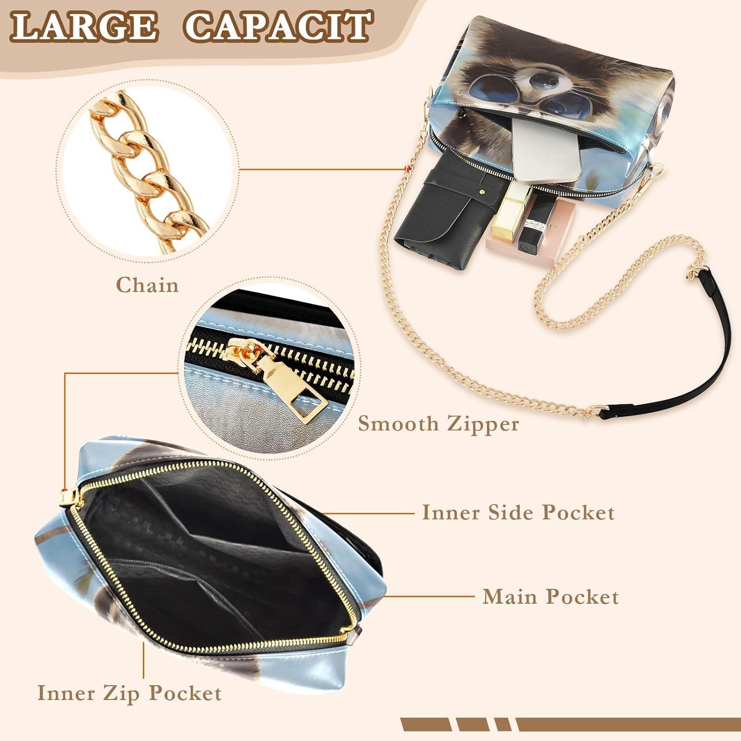 Beach Raccoon Women's PU Leather Crossbody Bag Shoulder Handbag Cellphone Purse with Metal Chain Strap Water Resistant Zipper Closure