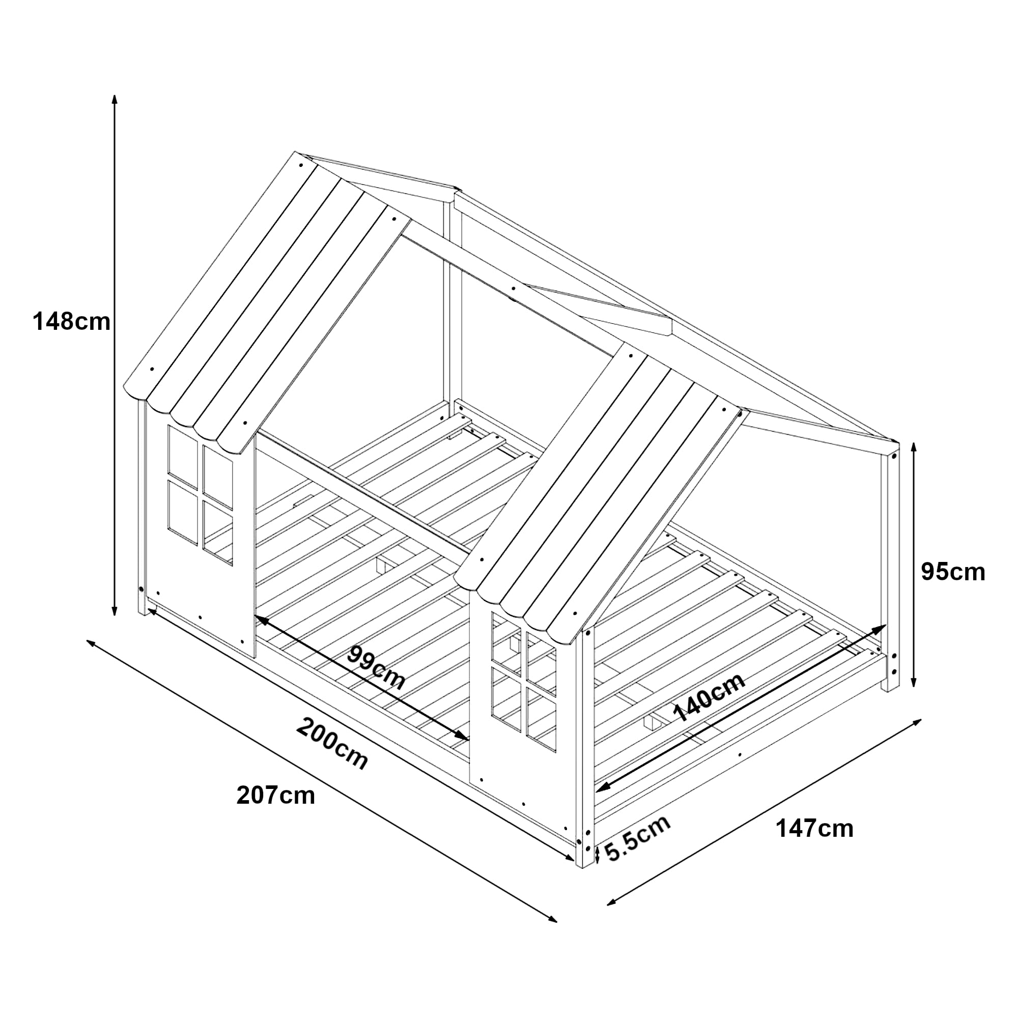 [en.casa] Kinderbett Tostedt Hausbett Jugendbett Bettenhaus Halboffenes Design Montessori Bett aus massiver Kiefer Bettgestell Holz 140x200cm Holz/Weiß