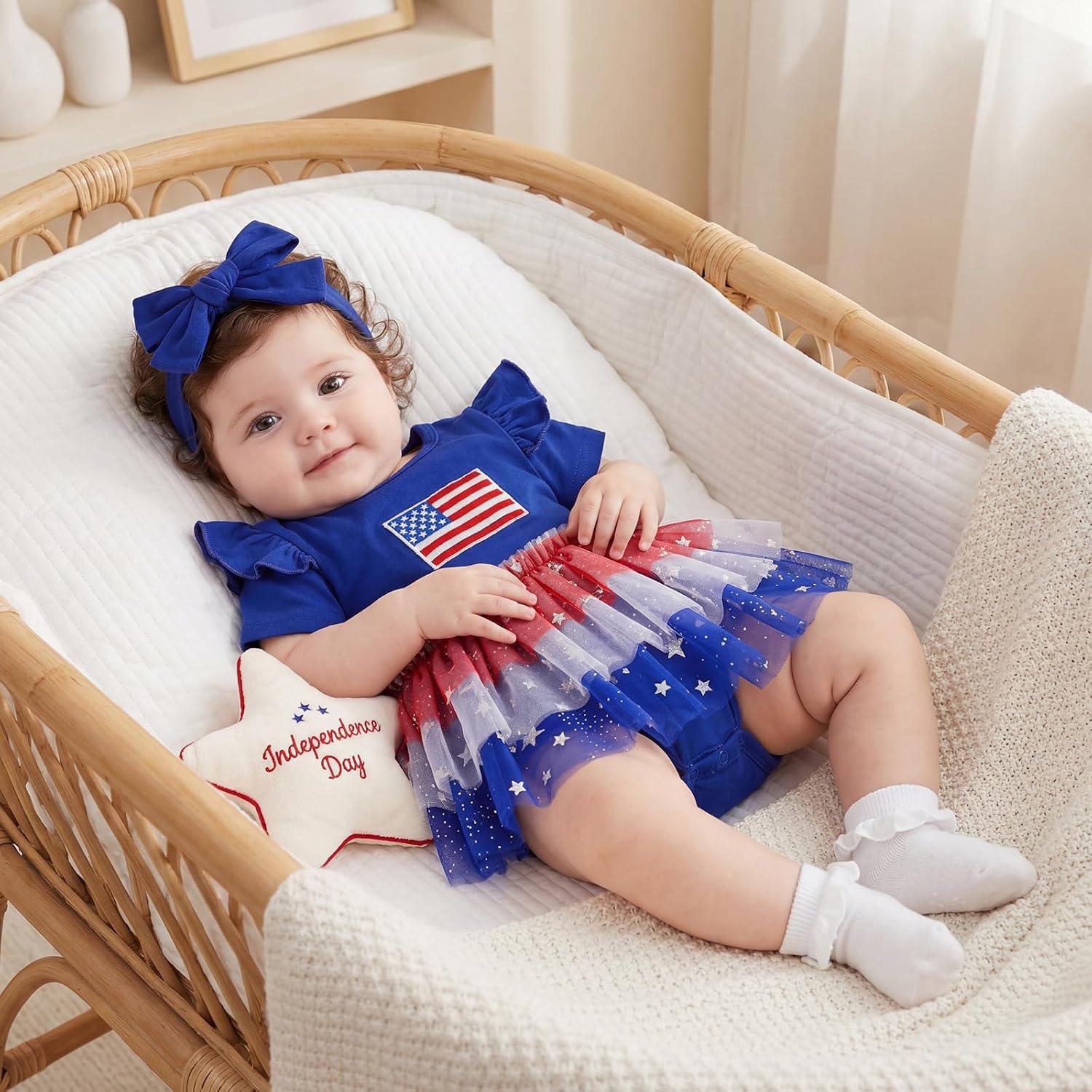 Kid Toddler Girl 4th of July Clothes American Flag Romper Dress/Tutu Dresses Glitter Lace Sister Matching Outfit