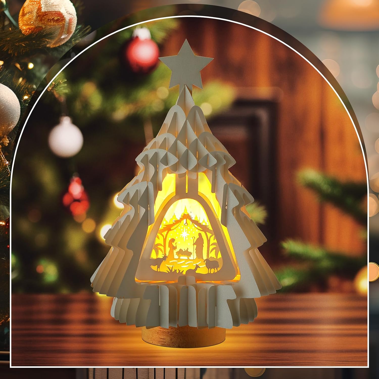 Aurelema LED Nativity Scene Christmas Tree Decor, Paper Tabletop Decor