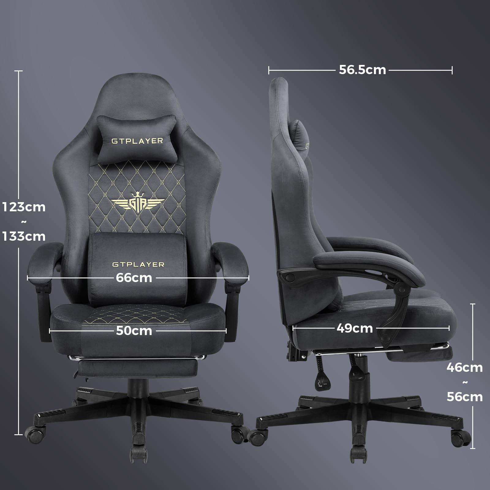 GTPLAYER Sedia da gaming, in tessuto, ergonomica, per ufficio, in PC, portata 150 kg, regolabile e girevole, con cuscino a molla e poggiapiedi, grigio