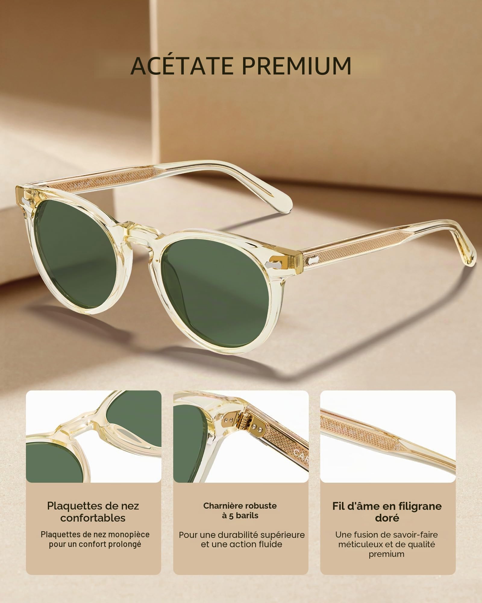 Carfia Lunettes de Soleil Homme Polarisée, Design Retro Acétate Rond Protection UV400 Lunettes pour Conduite et Voyages CA5506