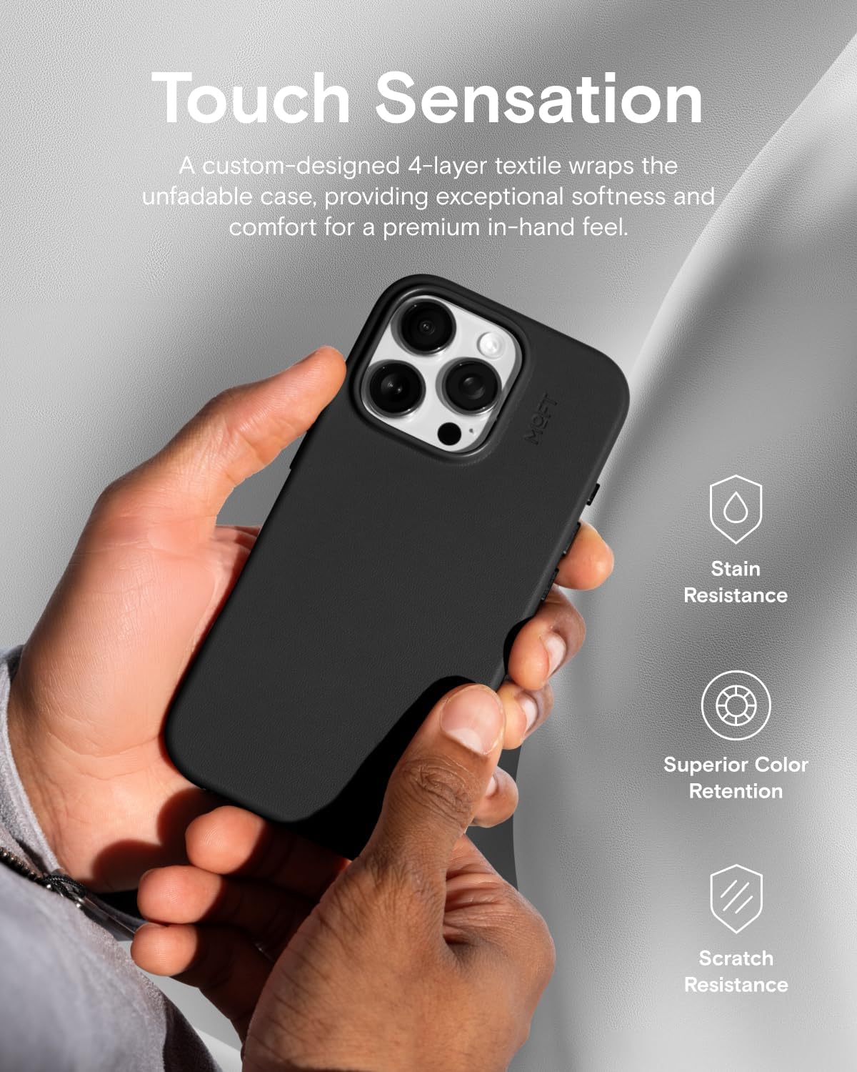 MOFT Phone Tripod Stand, MagSafe Wallet Tripod Stand, NFC-Supported Phone Wallet Jet Black & Snap Case MOVAS™ Vegan Leather for iPhone 16 Plus Jet Black