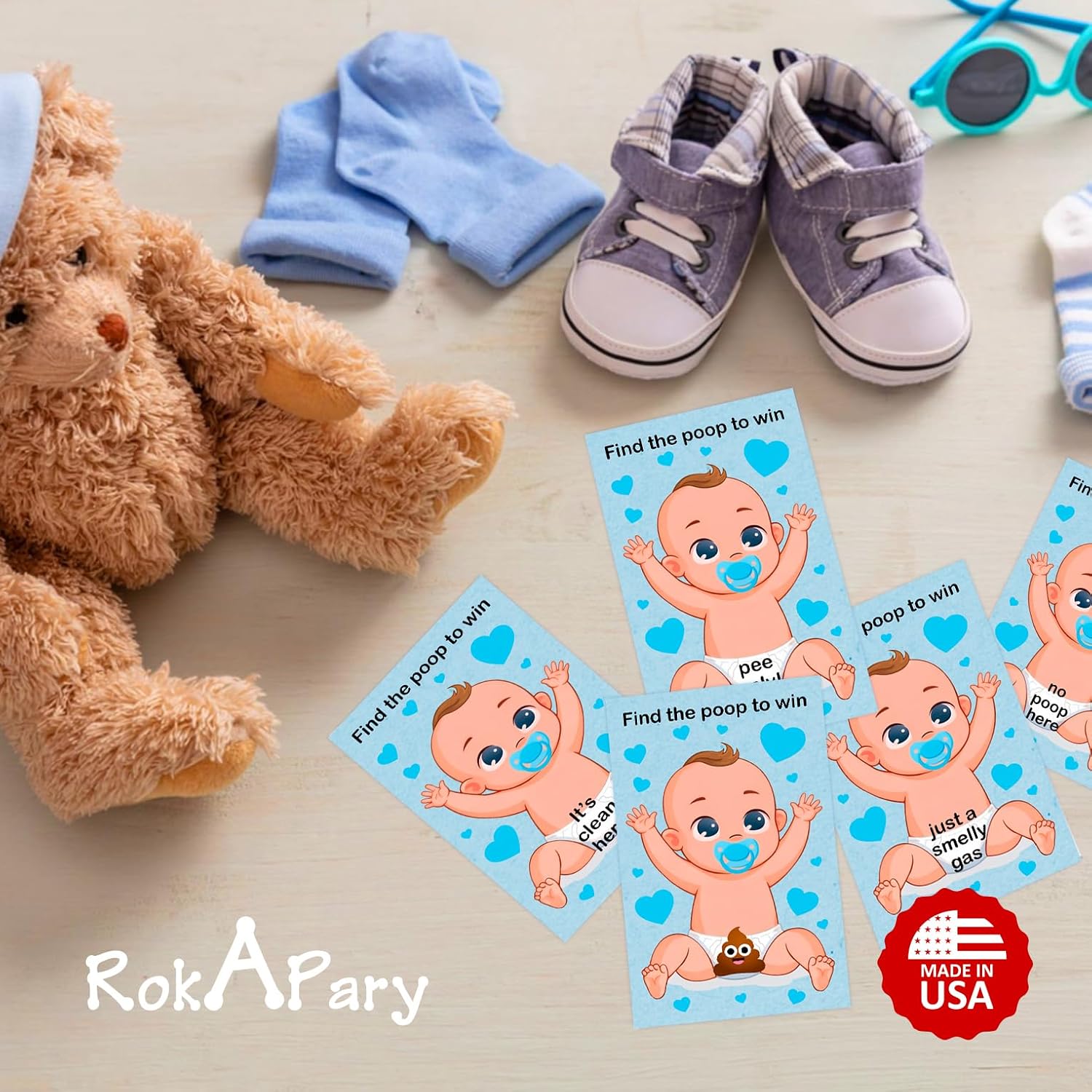 RokAPary Poopie Baby Shower Scratch Off Game for Boy, Find The Poop to Win Easy to Play Silly Games, Funny Idea, Ice Breaker Activity. DIY Raffle Cards, Blue Background, Set of 40 Cards Made in USA