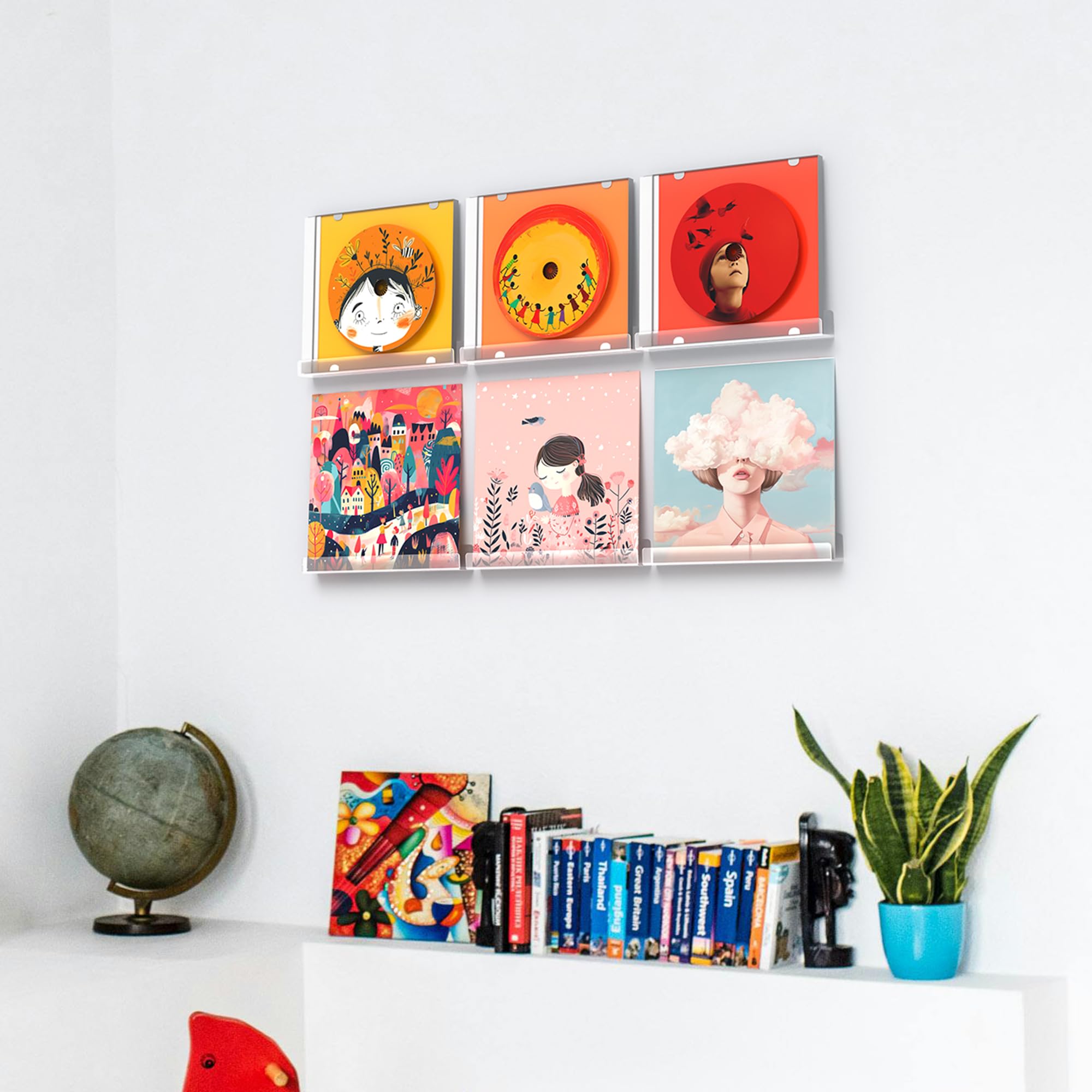 MINDEPOT Soporte de pared para discos de vinilo, paquete de 6 unidades de 12 pulgadas, estante transparente de exhibición de libros de música para decoración del hogar, habitación de niños, arte de