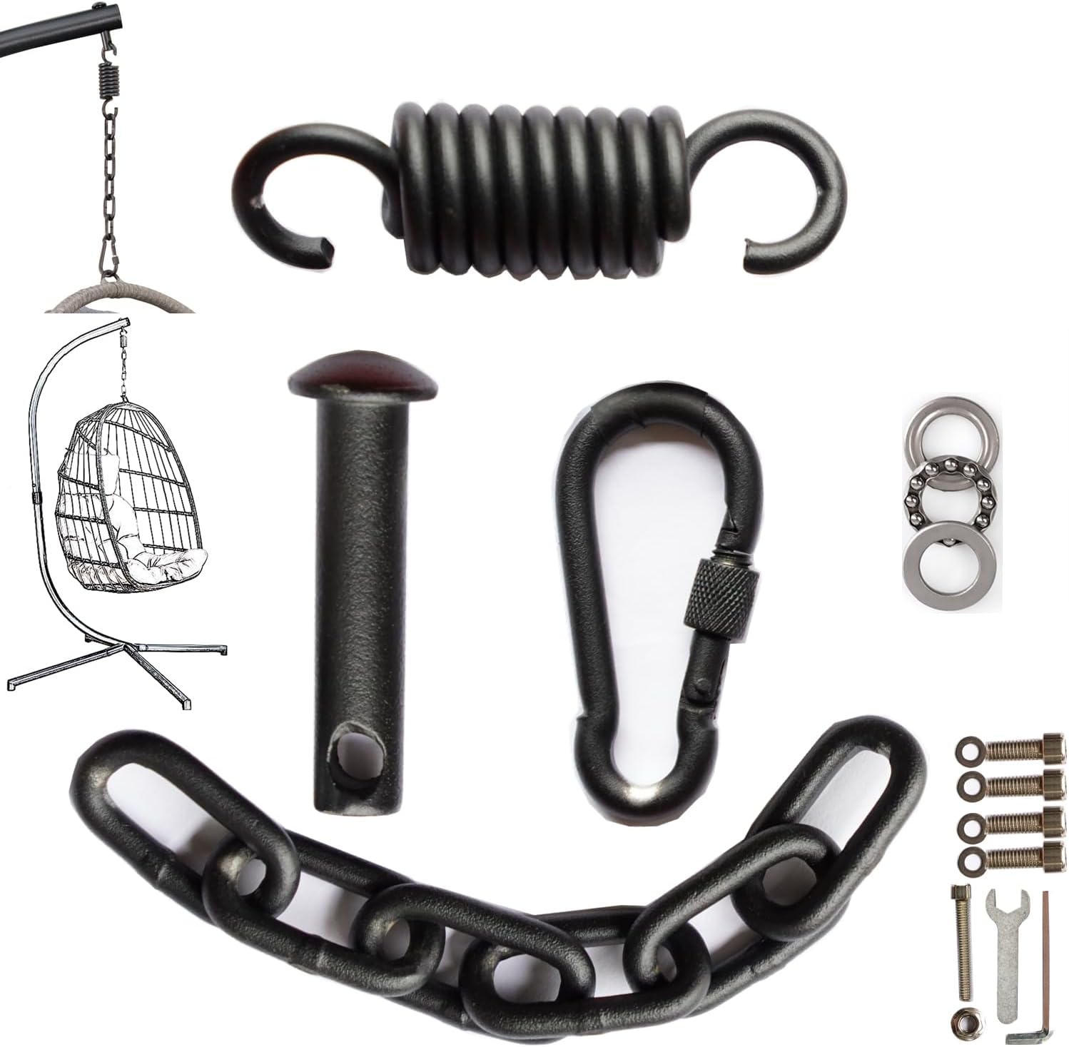 Patio Swing Egg Chair Hanging Kit Including Springs Pin Plug and Snap Hook, Hammock Chair Hanging Hardware - 550LBS Capacity, Assembly Accessories for Single Egg Chair with Stand