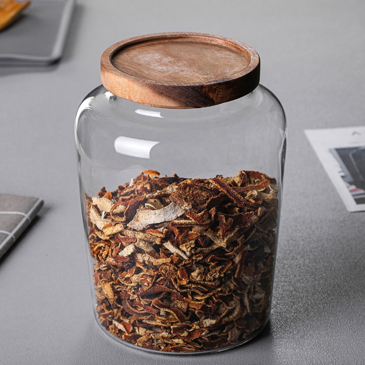 KALLORY Glass Storage Jar with Wood Lid Large Airtight Canister for Tea Grain Dried Fruit Food Storage in Kitchen Pantry