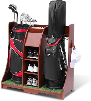 40.9" Wooden Golf Bag Organizer for Garage, Golf Bag Storage Fits 2 Bags, Golf Club Holds with Shoe Shelf, Brown