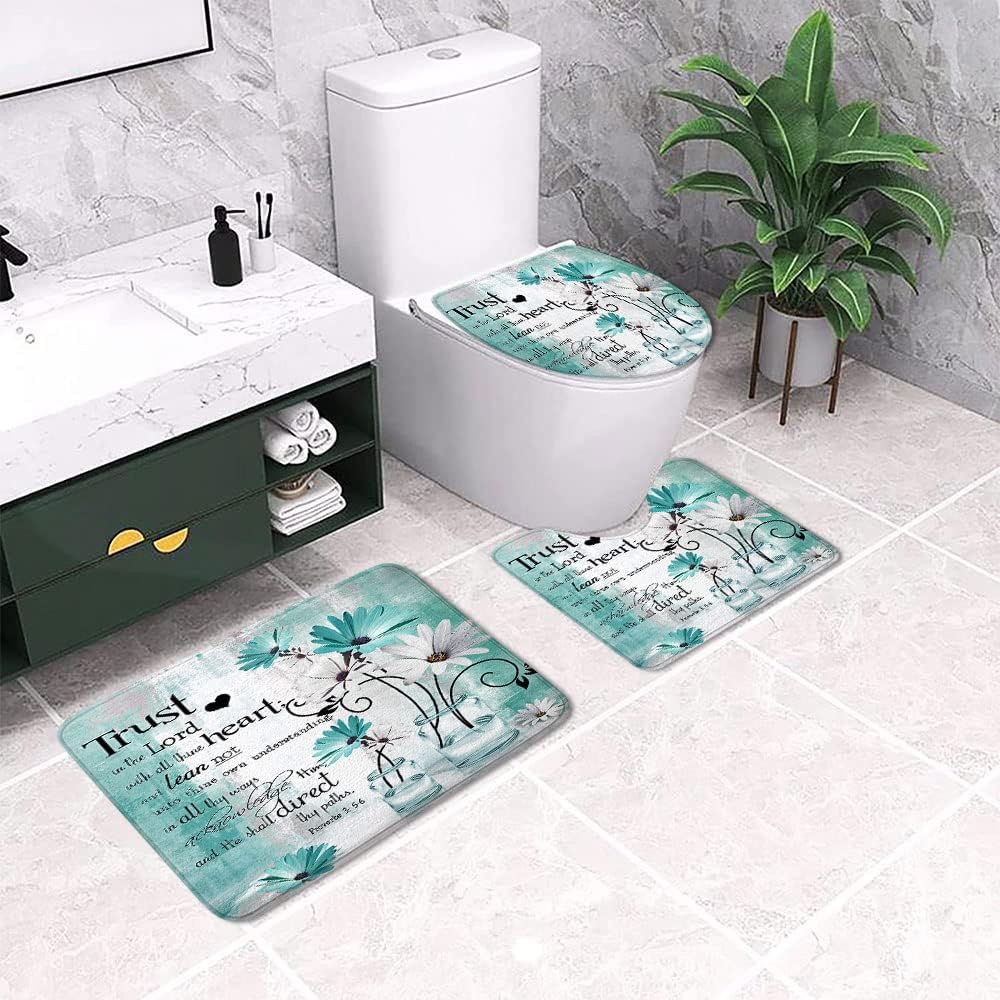Rustic Teal Daisy Floral Farmhouse Farm Flowers Bath Rugs, Country Wooden Turquoise Vintage Antique Non Slip Flannel Bathroom Rug, Dry Fast Water Absorbent Bath Mats, 17x29 Inch