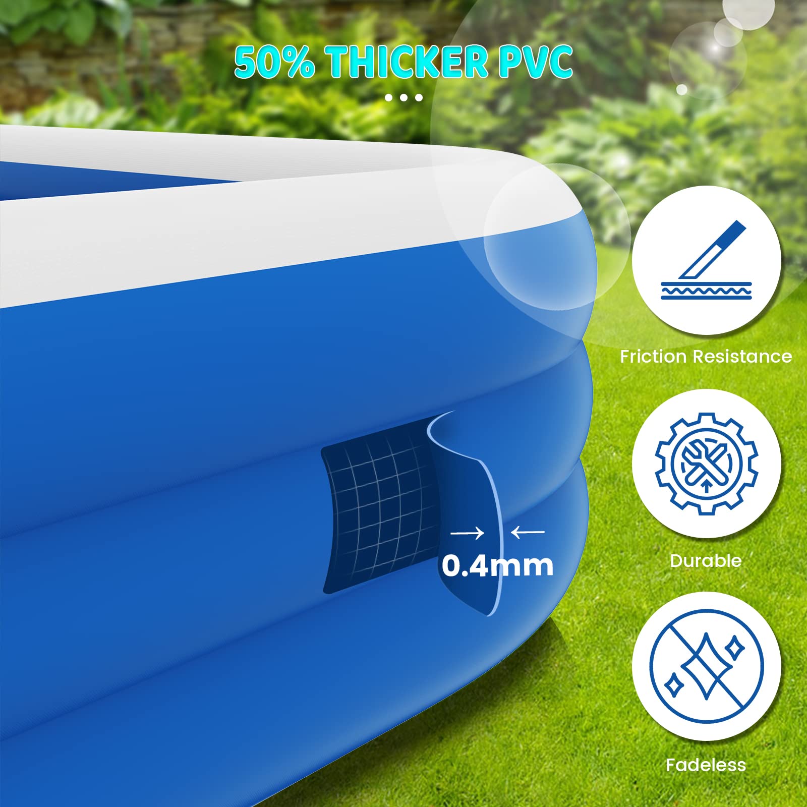 Inflatable Pool with Air Pump, 130" X 72" X 22" Oversized Thickened Blow-Up Pool for Kids, Adults, Swimming Pool for Outdoor, Garden, Backyard, Summer Water Party