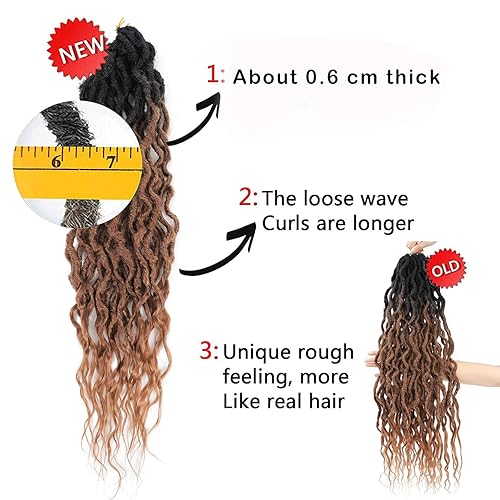 Miniatura 3 de Goddess Locs - Extensiones de cabello sintético de ganchillo preenrolladas, color marrón degradado, trenzas bohemias suaves con extremos rizados, 26