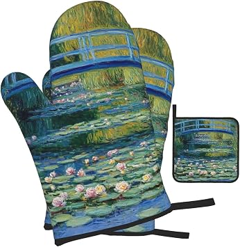 Oven Mitts and Pot Holders Sets of 3 Water Lily Pond Oven Mitts 3 Pcs Heat Resistant Non Slip Ovens Gloves Hot Pads Kitchen Gloves Potholders for Baking Cooking BBQ Grilling