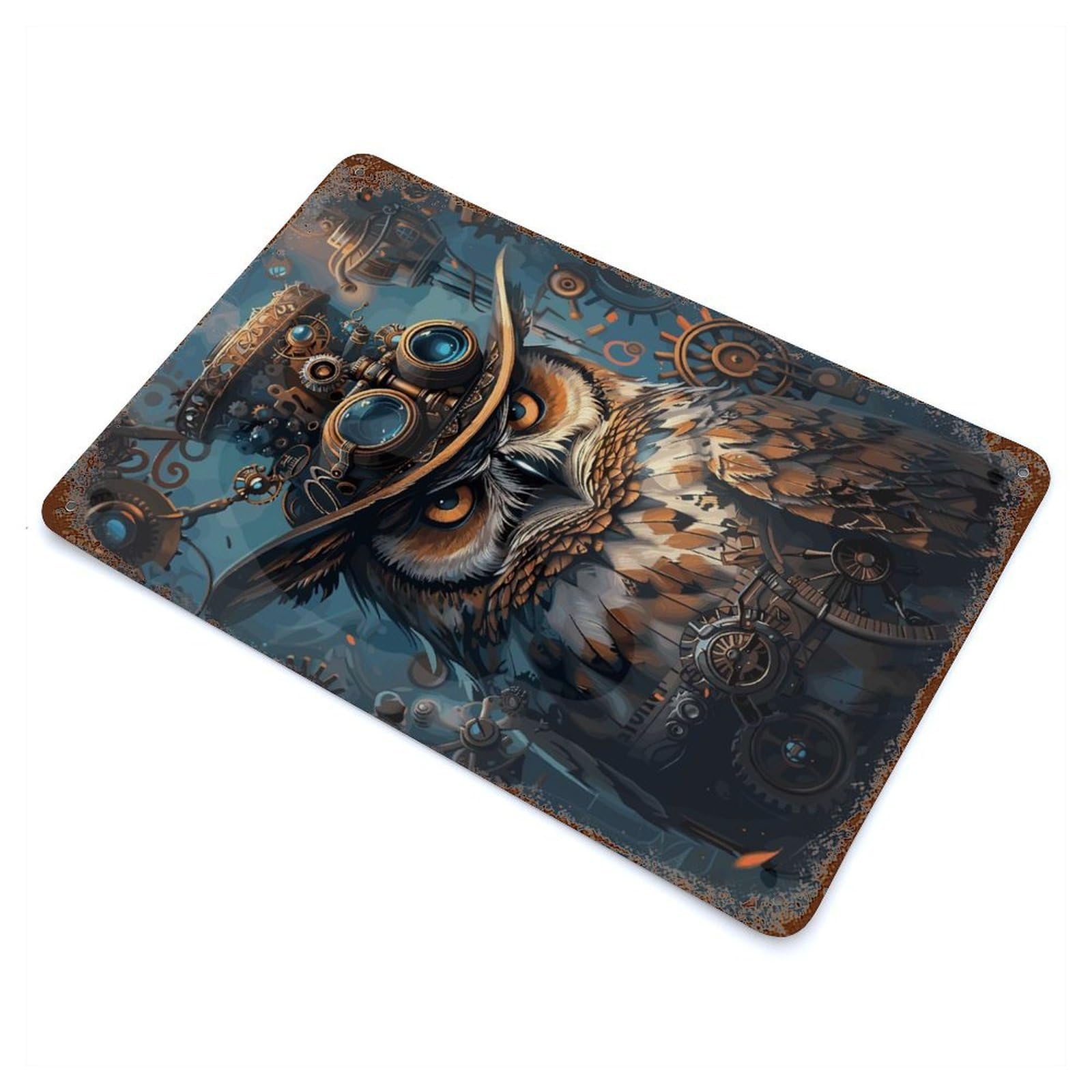 Animal Steampunk Owl Rustic Tin Plaque 11.8"x7.9", Ideal for Shed, Workshop And Garage Wall Decor