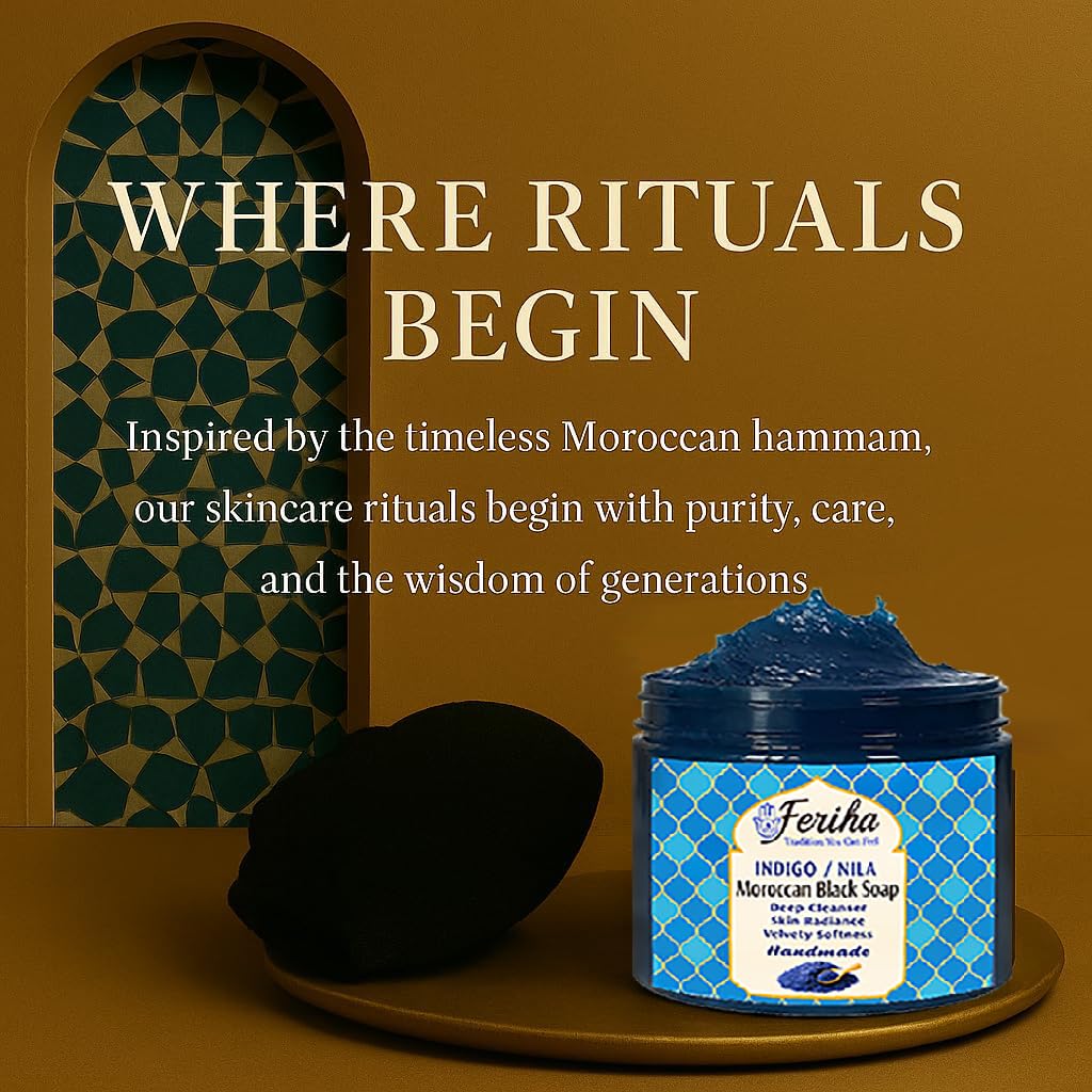FERIHA Moroccan Indigo (Nila) Black Soap + Original Kessa Exfoliating Glove – Traditional Hammam Duo for Deep Cleansing and Radiant Skin