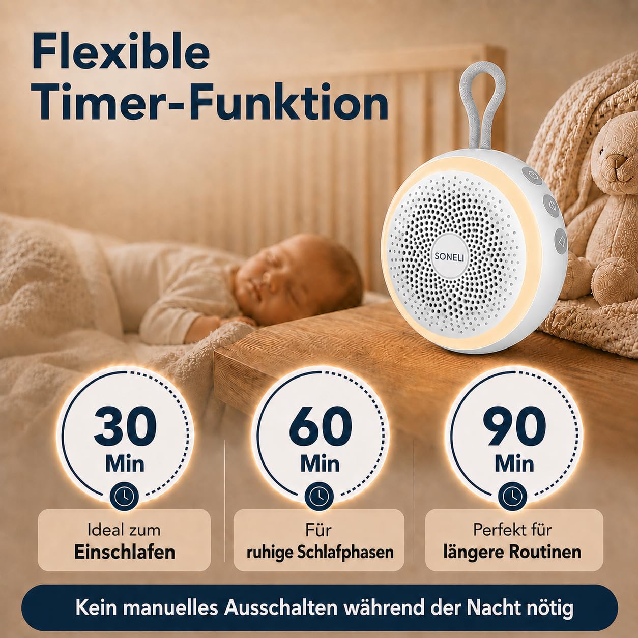 Baby White Noise Soundmaschine mit Nachtlicht - Tragbare Einschlafhilfe für Babys & Kinder, 16 beruhigende Geräusche, weißes Rauschen, Timer- & Memory-Funktion, bis zu 24h Akku, wiederaufladbar