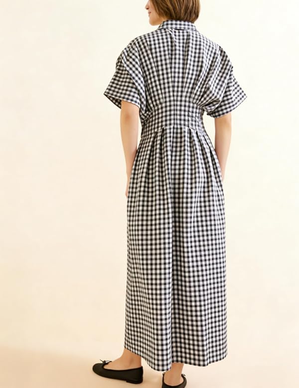 Yeokou Women Plaid Shirt Dress Short Sleeve Button Down Pleated Gingham A Line Maxi Dresses Casual Sundress with Pockets(Black-S) by Yeokou - Used condition - Image 4