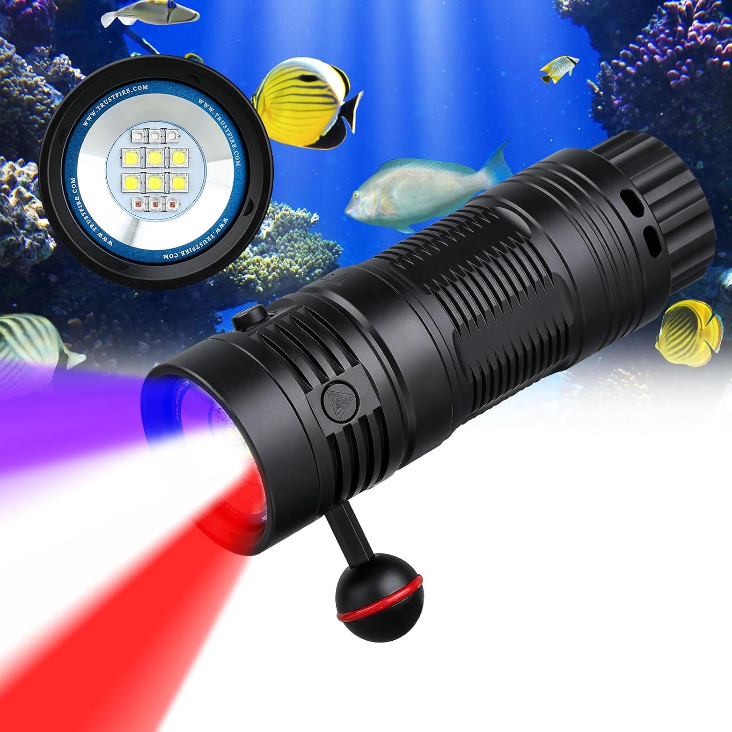 TrustFire DF50S Dive Light, 6500 Lumens Scuba Diving Light Video Camera Photography Underwater Flashlight White Red UV Tri-Color Fill Light and Fluorescent Night Diving