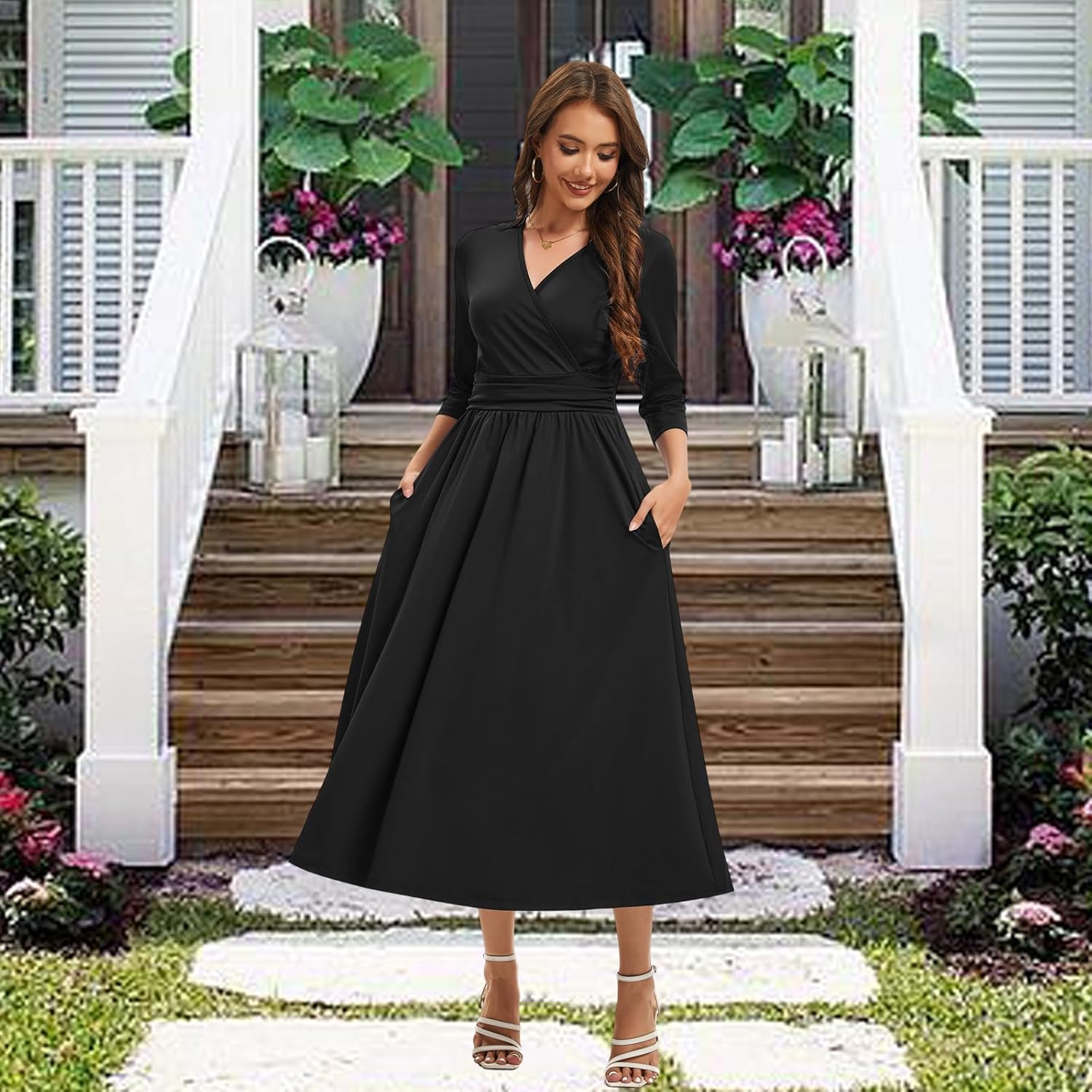 DinyIn Elegant Dress for Women Summer V-Neck Wrap 3/4 Sleeve A-Line Work Cocktail Party Sunshine Midi Dresses with Pockets - Image 5