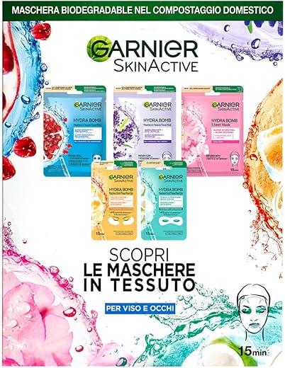 Garnier Set di Maschere in Tessuto HydraBomb, 3 Maschere per il Viso e 2 Maschere per gli Occhi, Con Effetti Diversi, Arricchite con Acido Ialuronico, Formula Vegana, SkinActive