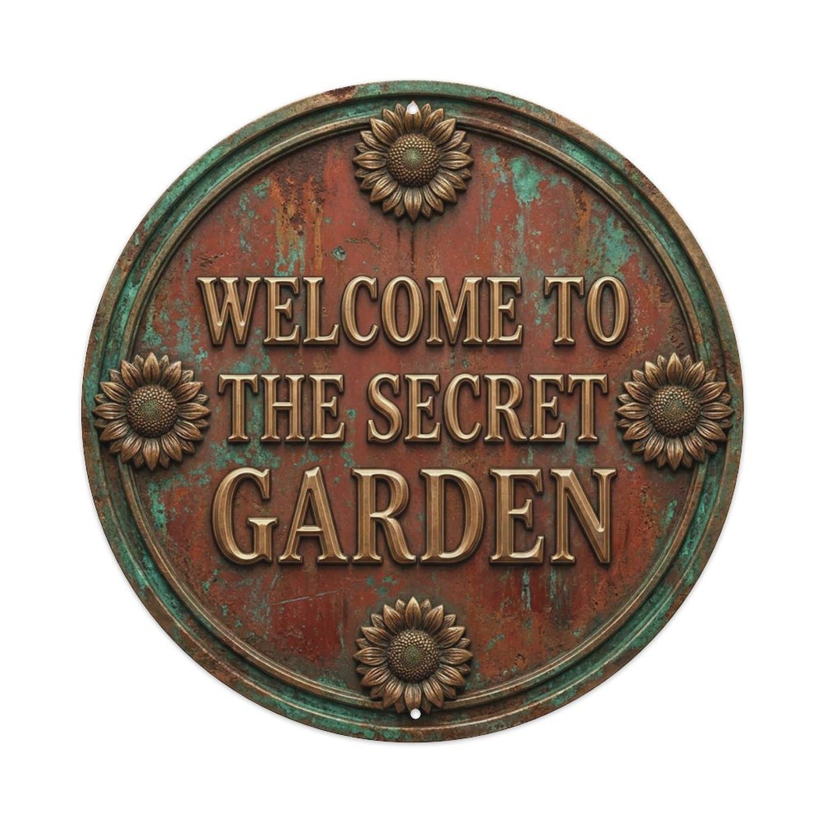 Vintage Welcome Secret Garden Bronze Rust Sunflower Metal Tin Sign