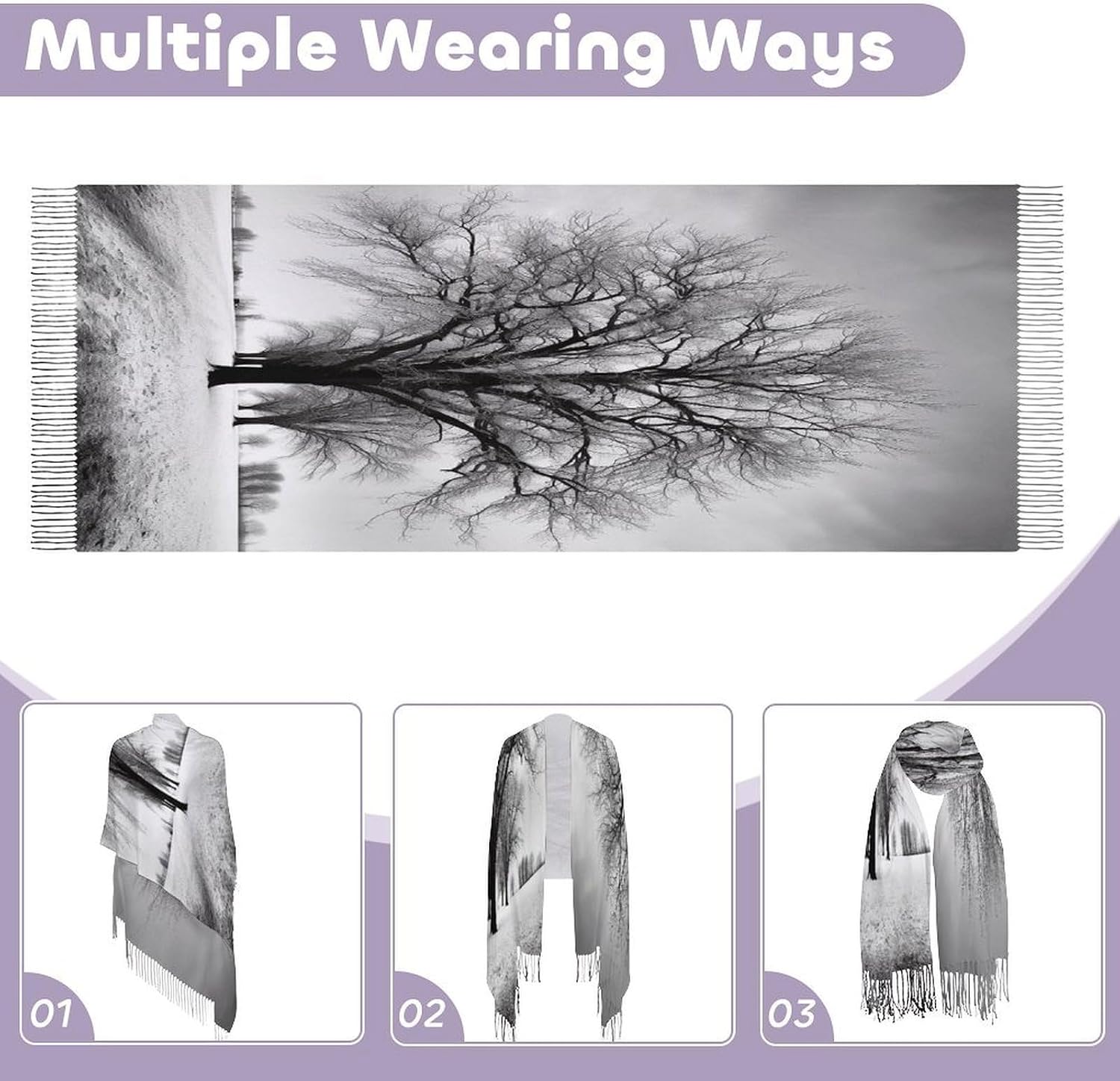 Black And White Tree Scarf for Women Men Classic Fashion Blanket Scarves Soft Cashmere Feel Scarf Cold Weather Warm Long Shawl Winter Large Scarves Classic Blanket Scarfs Thick