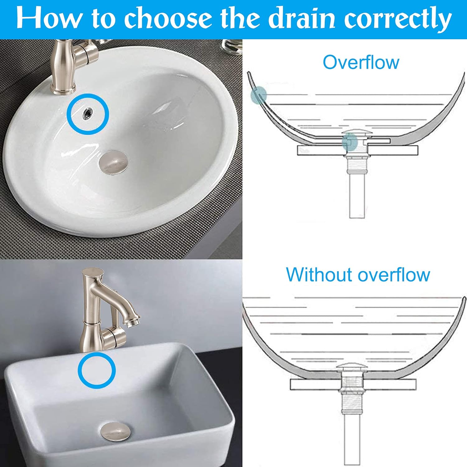2 Pack Universal Bathroom Sink Stopper, Pop Up Sink Drain Strainer with Overflow, Push and Seal Drain Plug with Detachable Hair Catcher for Lavatory Vanity Vessel, Anti-Clogging, Brushed Nickel