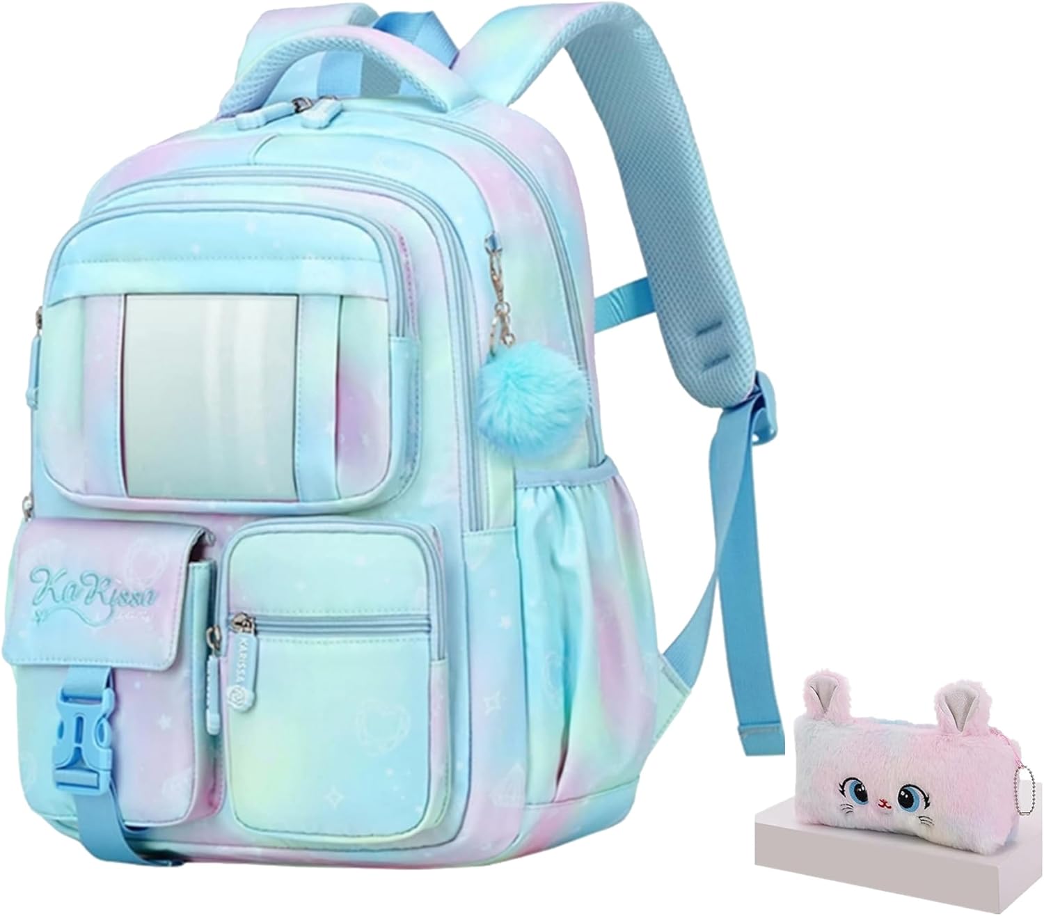 Girls Backpack,Rainbow Backpack for Girls-Kawaii Blue School Bookbag, Lightweight Large Capacity Kids Backpack for Travel & Daily Use