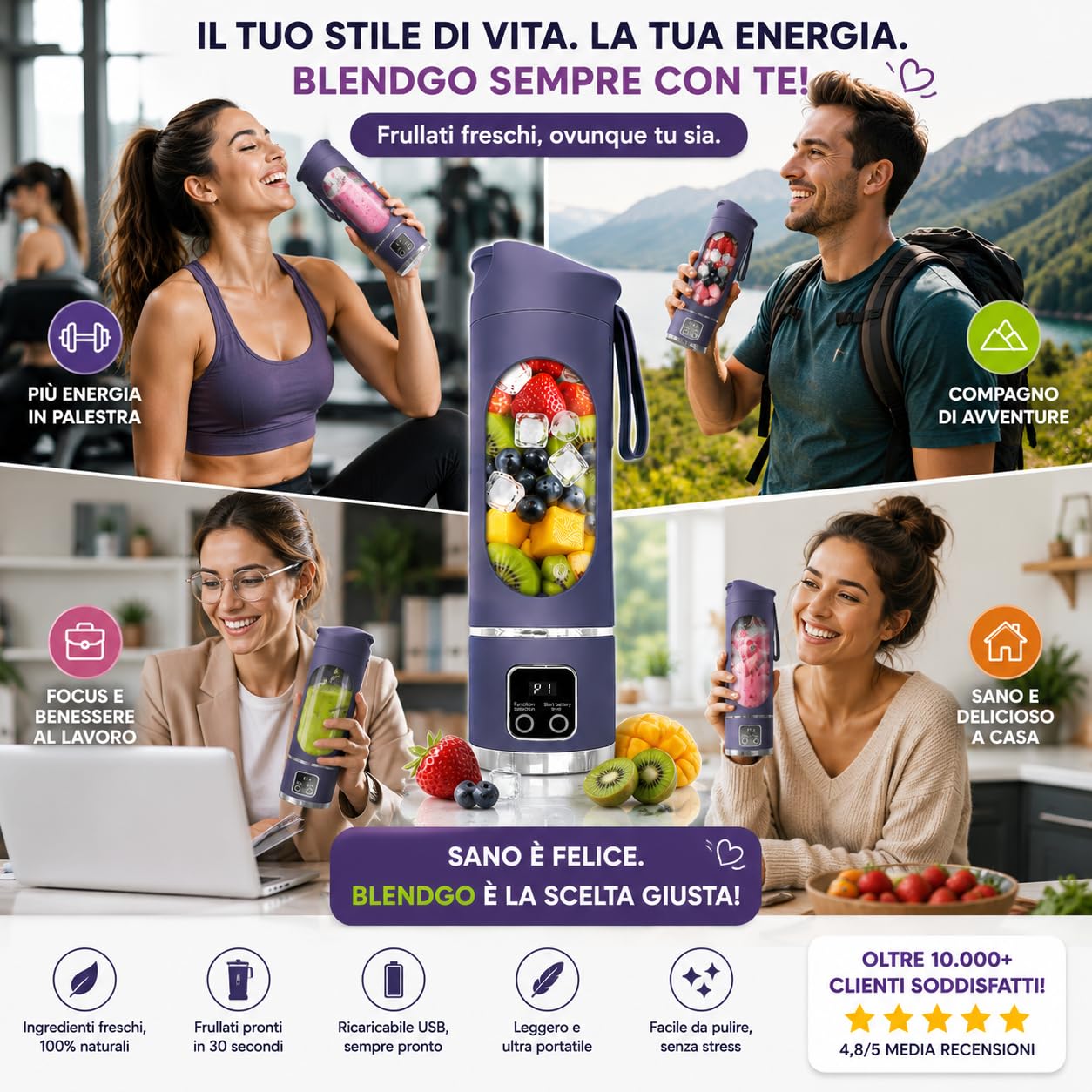 BLENDGO Frullatore Portatile, 450 ml, 8 Lame in Acciaio Inossidabile, 3 Velocità Regolabili, Ricarica USB, 80×80×255 mm, per Frullati e Bevande Salutari