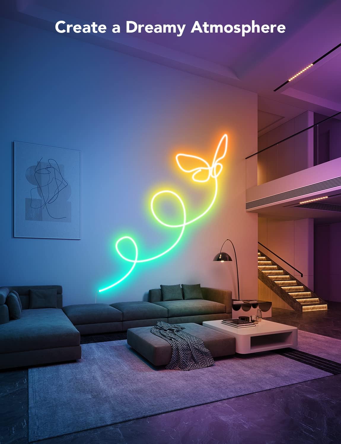 A living room wall with a Govee Neon Rope Light shaped into an intricate butterfly design.