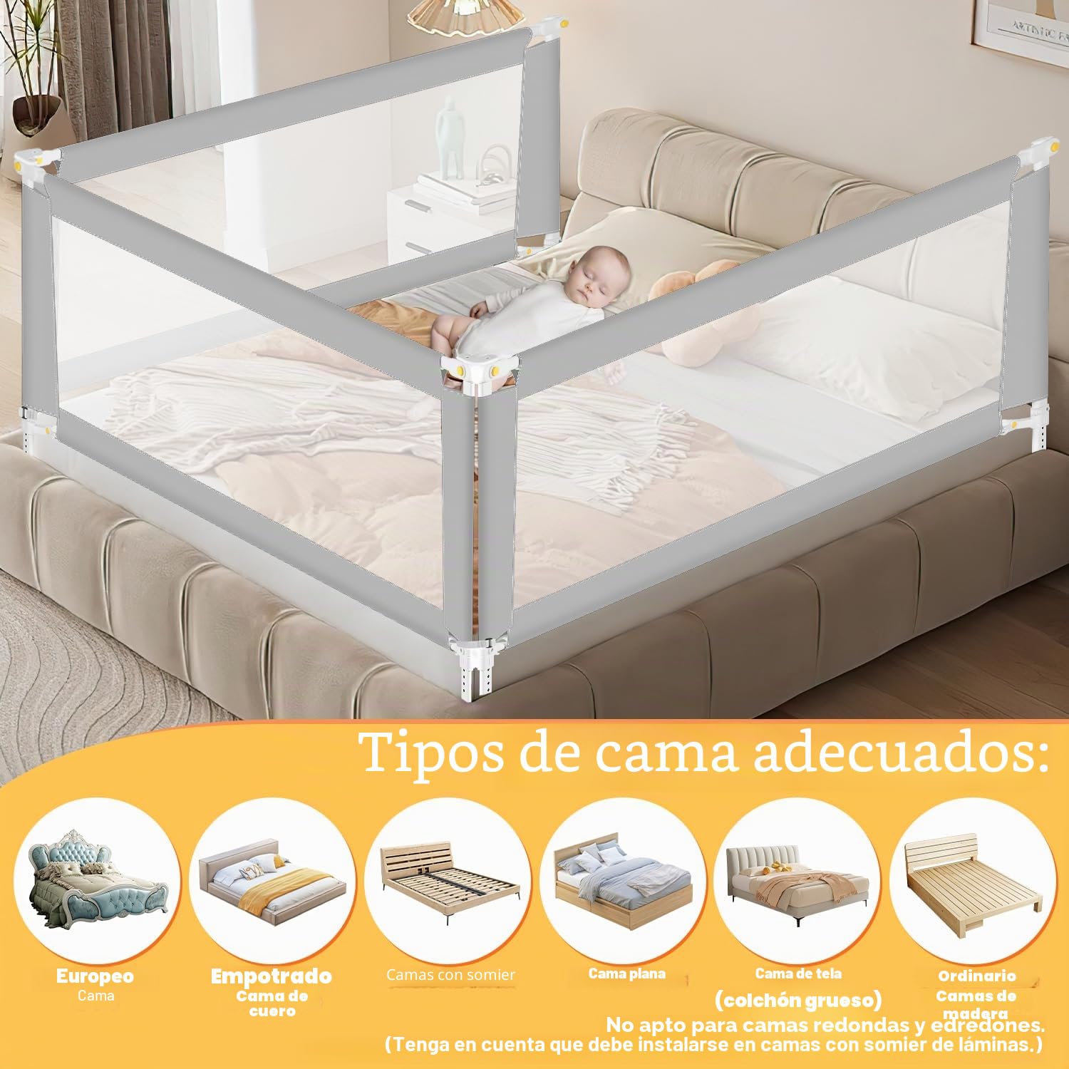 Ikodm Barrera de cama 150 cm x 1 + 200 cm x 1, barrera de cama plegable con base en forma de U, barrera de protección para cama infantil, altura regulable 68 – 95 cm para niños y padres