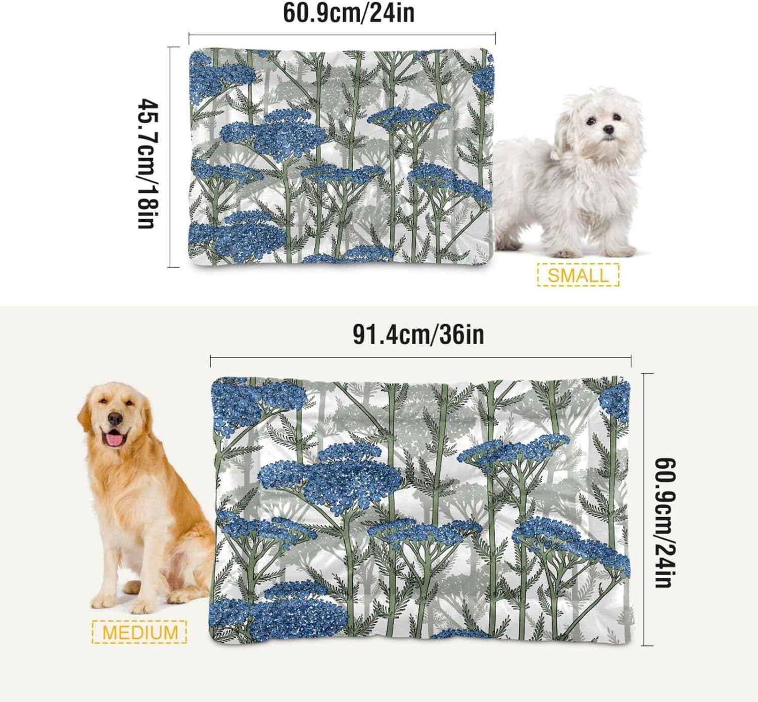 review Blue-Yarrow-Print Warm Dog Bed Mat, Dog Crate Pad for Medium Dogs, Machine Washable Portable and Soft Pet Bed Mat, Anti-Slip 36 x 24 inch