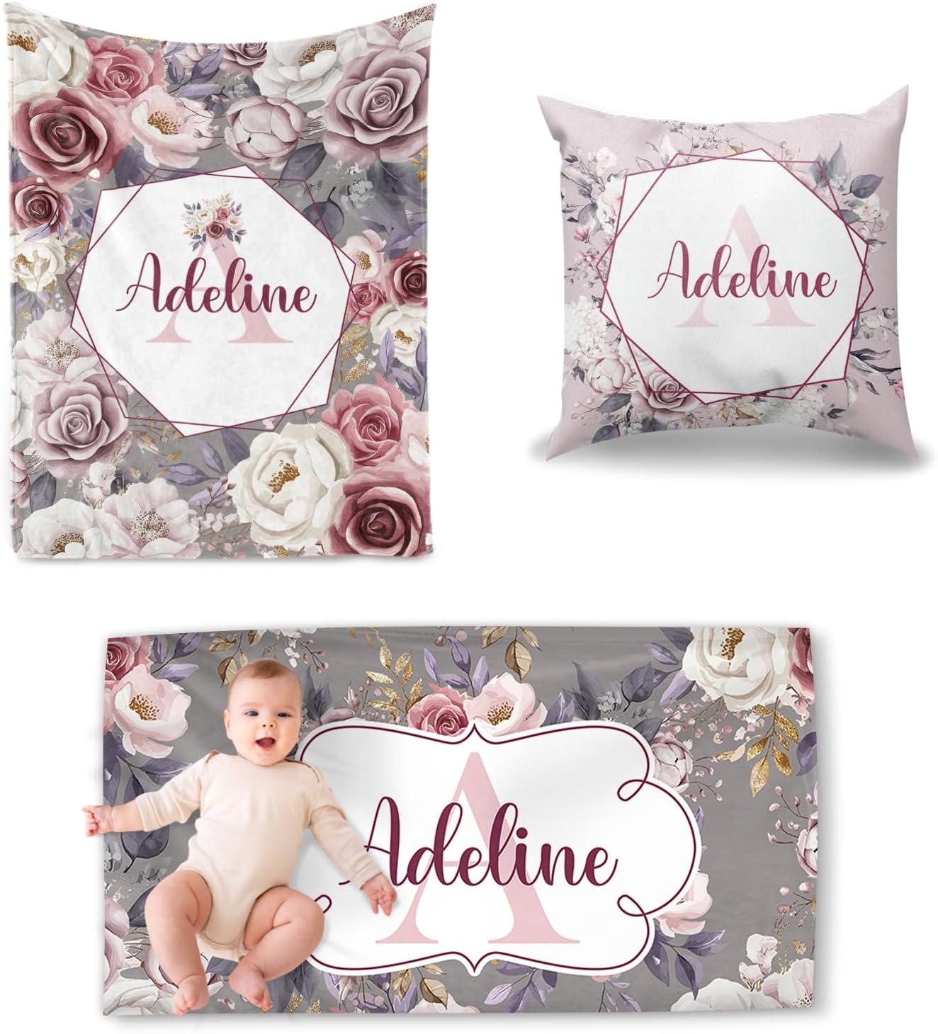 Personalized Crib Bedding Set for Girls, Boho Floral Baby Bedding Sets with Custom Name - Plush Blanket Fitted Sheet Pillowcase for Newborn Nursery Gift