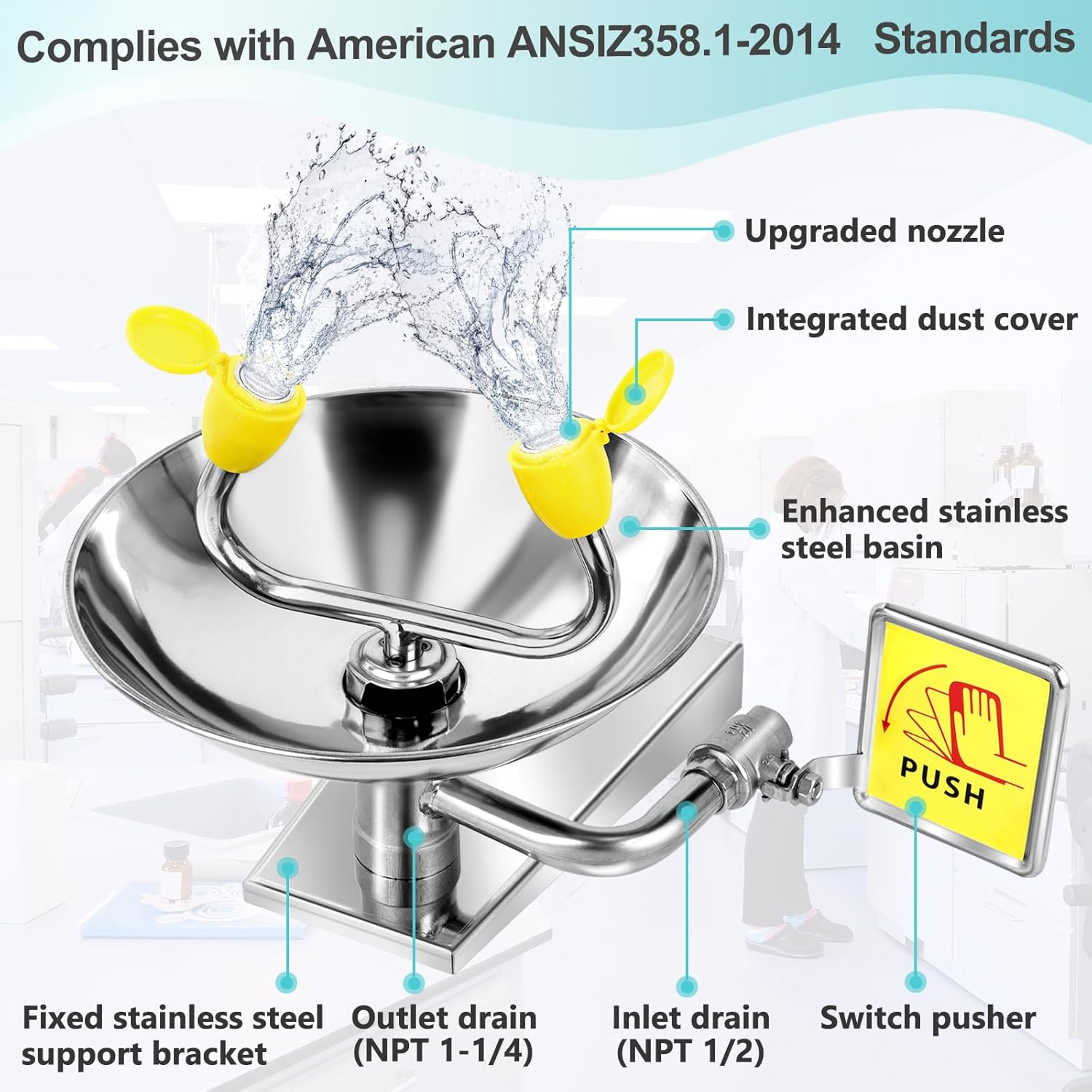 Stainless Steel Eye Wash Station, Wall-Mounted Emergency Eye Washer- Multifunctional Nozzle, OSHA Approved, Eye Irrigation Sign & Enlarged Basin
