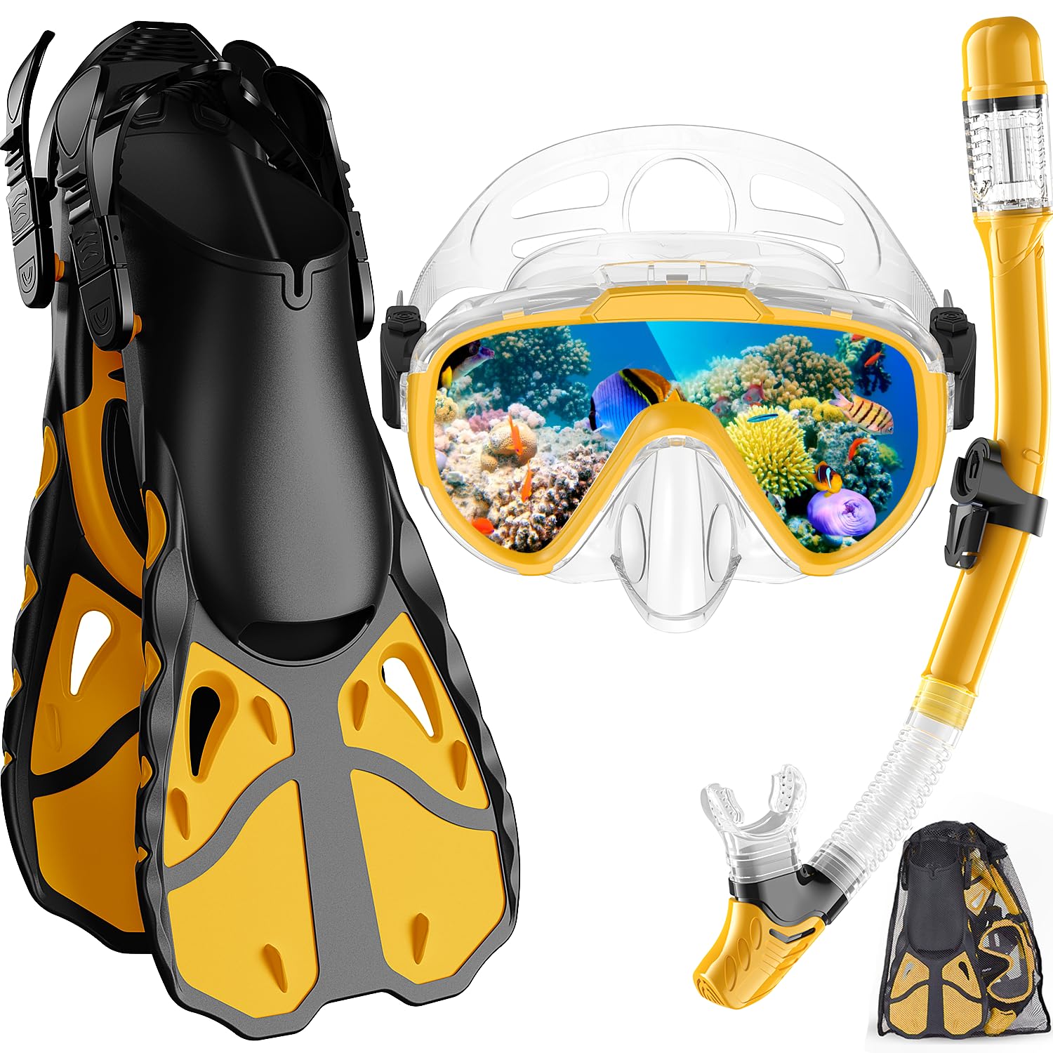 Schnorchelset mit Flossen für Erwachsene, Schnorchelausrüstung für Erwachsene Männer und Frauen, Schnorchel, Maske Set Erwachsene Dry Top Schnorchelmaske Combo Set mit Reisetasche zum