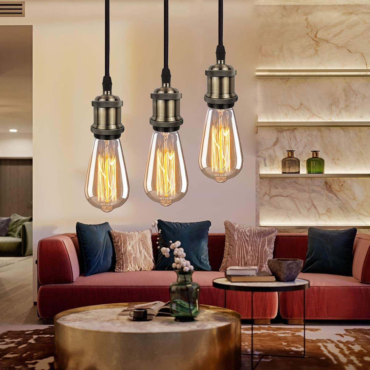 Vintage Socket E26 E27 Lampholder Black Woven Fabric Pendant Light Cord Adjustable Hanging Light Kit (Bronze)