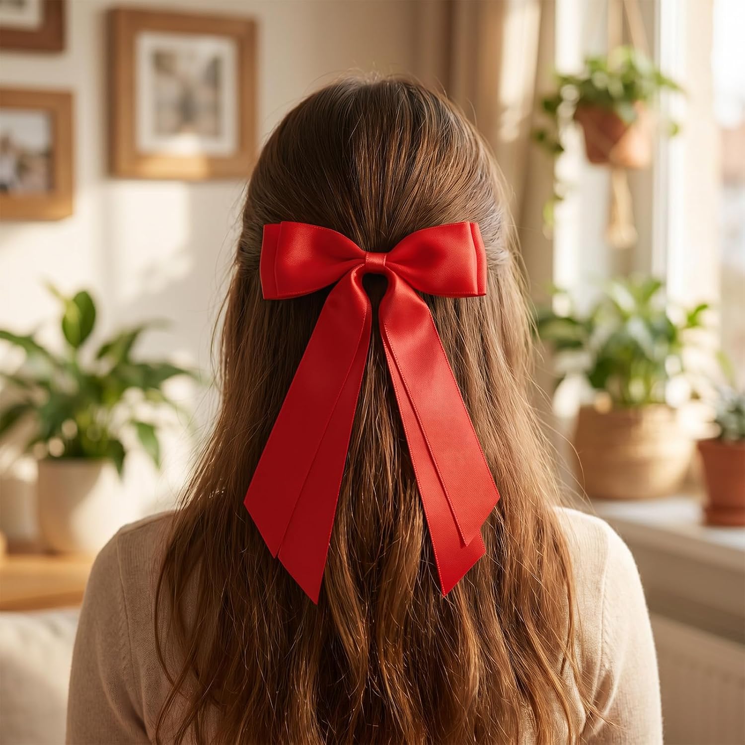 Nogeqi 3 PCS Red Hair Bow, Double Layer Satin Hair Bow Clips