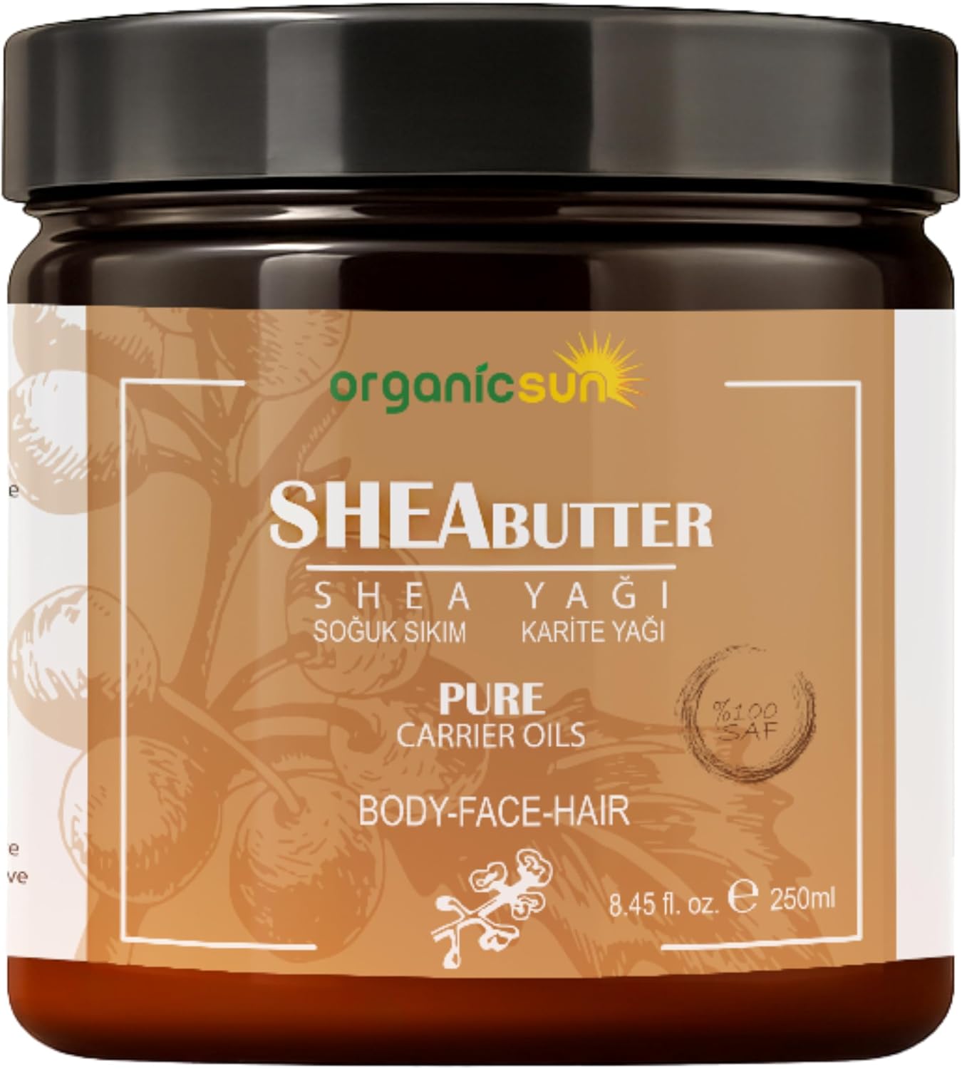 Shea Yağı 250 ML |%100 Ham, Soğuk Pres, Rafine Edilmemiş, Shea Butter Karite | Kuru Cilt, Saç, Dudak, Topuk Bakımı