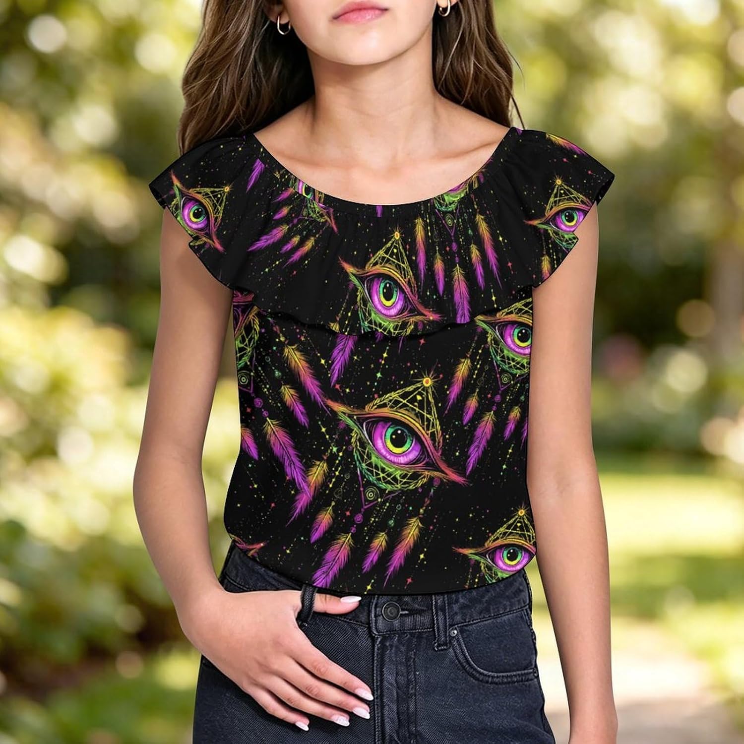 Evil Eye Dream-Catcher Girls T-Shirts Top Ruffle Short Sleeve Blouse Casual Graphic Tees