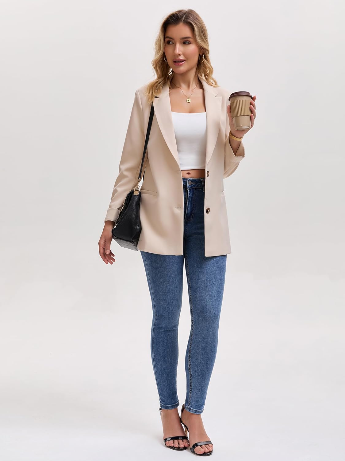 Womens Semi-Tailored Business Casual Blazer 9/10 Sleeve Lightweight Work Office Jacket with Pockets