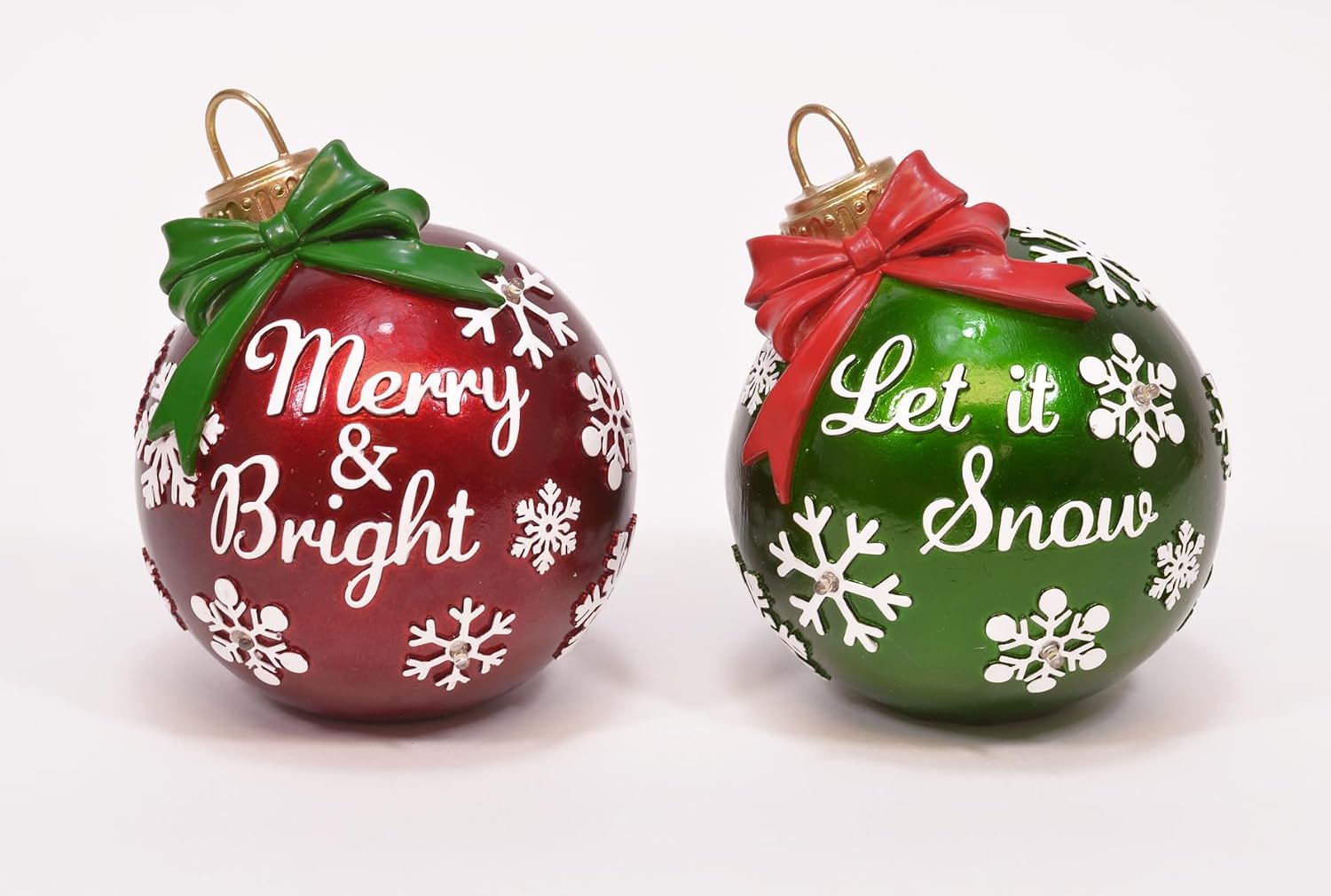 Resin Ornate LED Ornament Figurines, Holiday Script Decor, 5 in, Set of 2