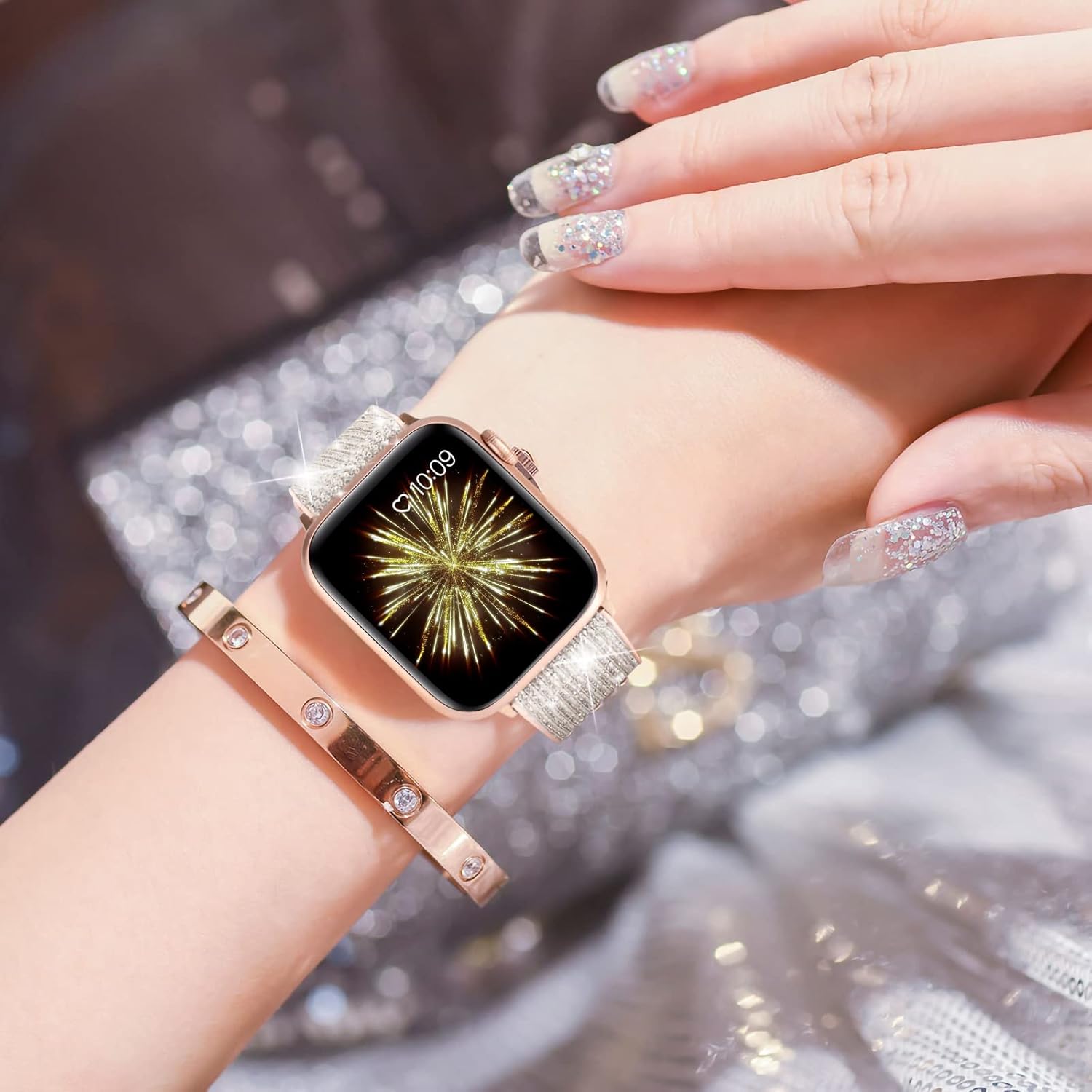 Compatible with Apple Watch Band 38mm 40mm 41mm 42mm 44mm 45mm, CTYBB Blingbling Sweatproof Genuine Leather and Silicone Band for iWatch Series 7 6 5 4 3 2 1 SE, (Starlight, 38mm 40mm 41mm) Photo