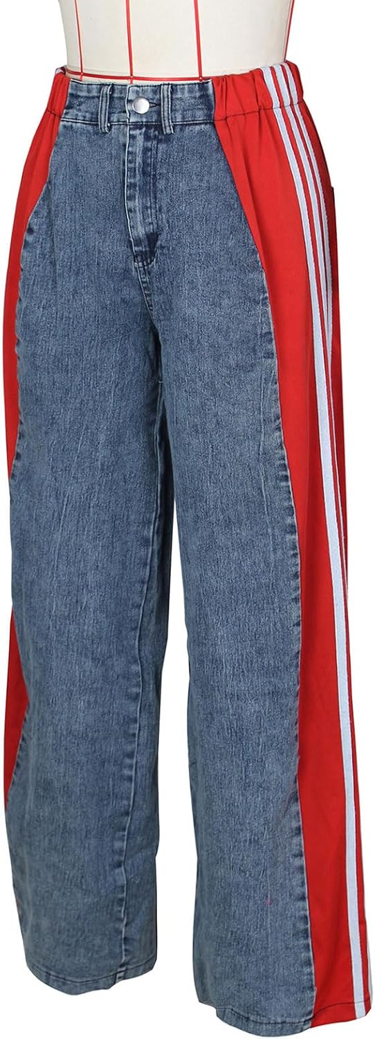Womens Jeans High Waisted Wide Leg Striped Patchwork Color Block Stretchy Loose Straight Denim Pants - Image 8