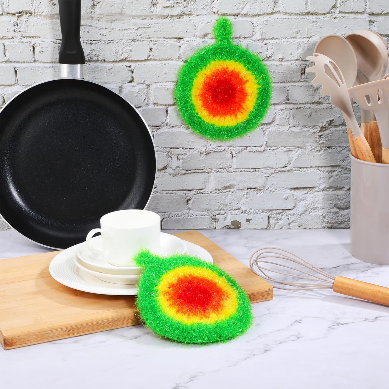 Garneck 5 Pack Dish Scrubber Non Scratch: Reusable Oil-Free Dish Sponges for Kitchen Washing Pots Pans Cute Polyester Cleaning Scrub Pads with Hanging Loop for Household Cookware image 4