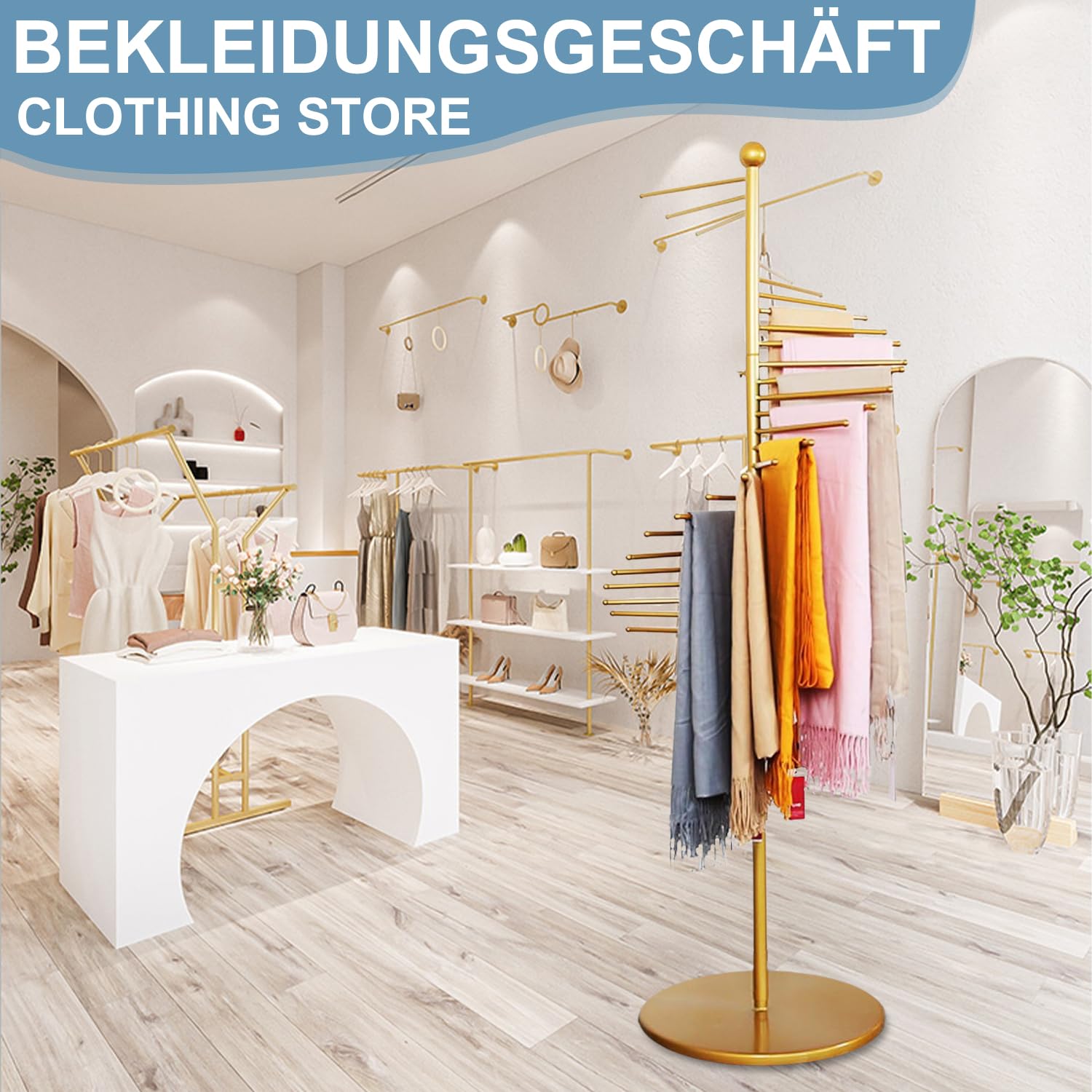 Portasciarpe, supporto per sciarpe in piedi, espositore commerciale, organizer a spirale in metallo con 30 stantuffi per vestiti, per sciarpe, cravatte, cinture, pantaloni, 170 cm x 42 cm