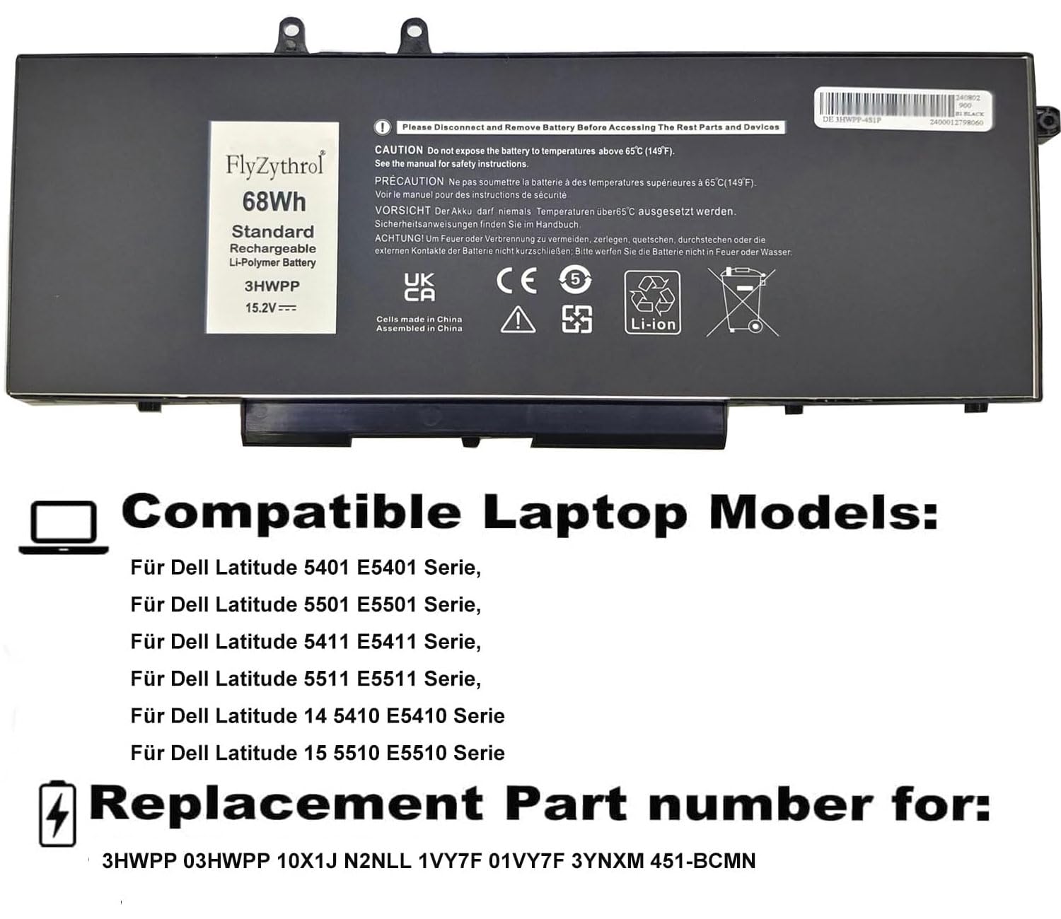 68Wh 3HWPP Batteria portatile compatibile con Dell Latitude 5401 5501 5411 E5511 5410 E5410 5510 5511 Precision 3541 3551 3550 Inspiron 17 7500 7506 7706 2-in-1 10X1J 1VY7F 3YNXM 451-BCMN