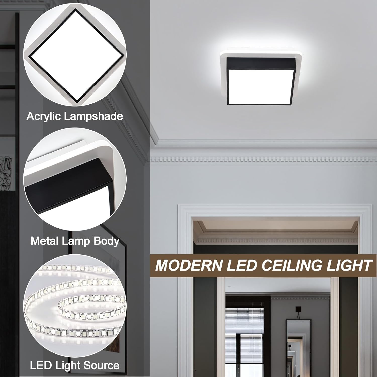 Modern Led Ceiling Light, 6000K Small Flush Mount Ceiling Light Fixture, Square Black Hallway Lighting Fixtures for Hallway Entryway Bedroom Balcony Bathroom Ceiling Lamp
