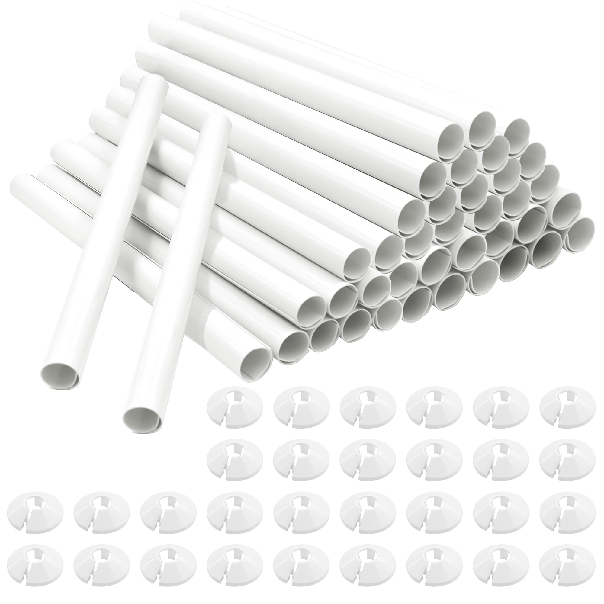 Aomaic White 40 Pcs Radiator Pipe Covers And Pipe Collars 200Mm X 15Mm Pipe Snap On Pvc Plastic Radiator Caps 15Mm Pipe Covers Thickened Radiator Sleeves