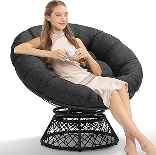 Bme 40" Ergonomic Wicker Papasan Chair with Soft Thick Density Fabric Cushion, High Capacity Steel Frame, 360 Degree Swivel for Living, Bedroom, Reading Room, Lounge, Onyx Stone