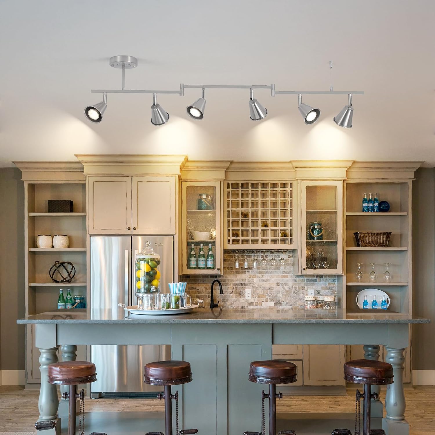 SEEBLEN 6-Light Modern Track Lighting Fixtures Ceiling, Flexible Foldable Arm and Rotatable Light Head,Nickel Kitchen Track Lighting for Kitchen Islands, Dining Rooms, Bars, Closets, Workbenches.